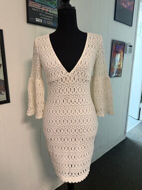 Trina Turk Cream Crochet V-Neck Mini Dress